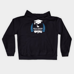 Silly Goose University - Standing Goose White Design With Blue Details Kids Hoodie